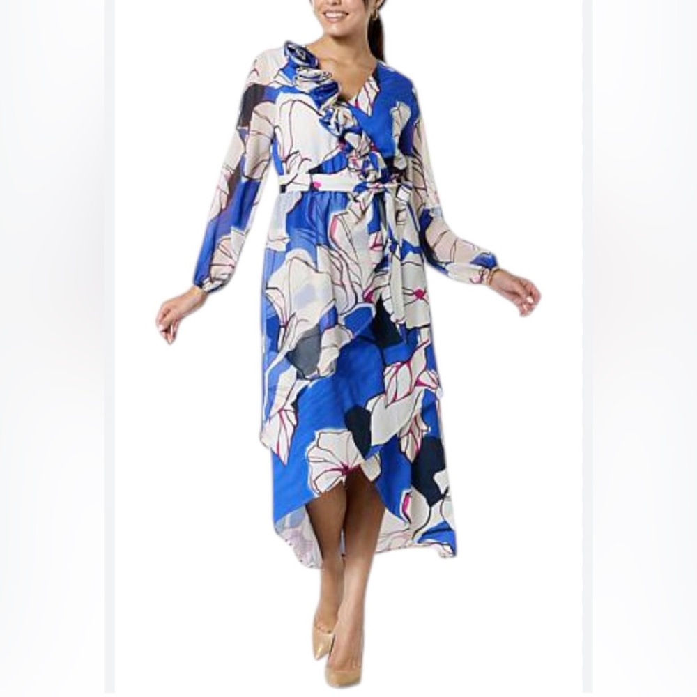 C.Wonder Christian Siriano Berry Pink & Blue Floral High-Low Faux Wrap Dress M